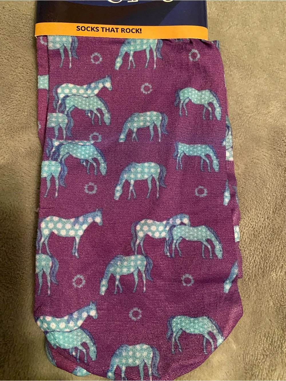Ovation Zocks Purple Socks with Blue Horse Print - One Size